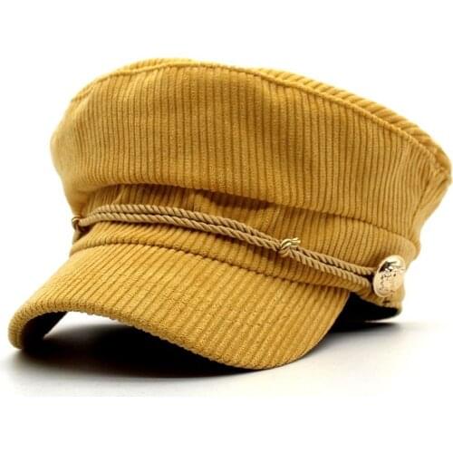Womens Beret All-match Hat Corduroy Striped Military Cap Rope Hook and Loop Cap Flat Top Navy Hat Student Hat