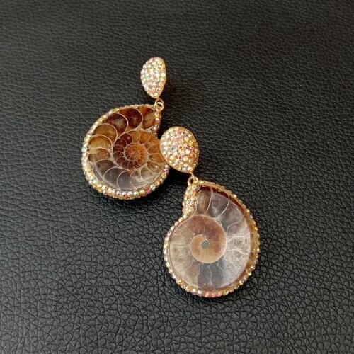 YYGEM Women Gift Nature Color Animal Pendant cz pave Natural Snail Ammonite Spiral Whorl Conch Shell Fossils stud earrings