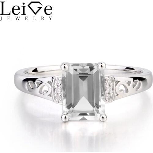 Leige Jewelry Real Natural White Topaz Ring Wedding Promise Rings Emerald Cut Gemstone November Birthstone 925 Sterling Silver