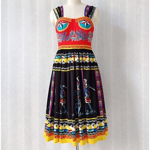 2021 Summer Dress Women Fashion Design Spaghetti Strap Printed Pleated Bohemian Holiday Dresses