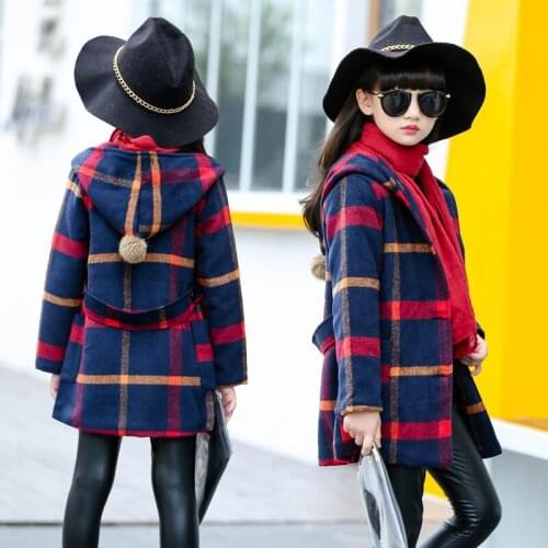 2018 Girls Jacket Winter Plaid Woolen Hooded Coat Big Female Kids Long Casual Trench Jacket Childrens Clothes Outerwear