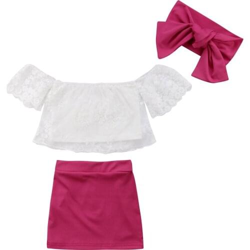 Cute Kids Baby Girls Off shoulder Lace Floral Tops T shirt+Skirts 3pcs Outfits Set Size 2-6T