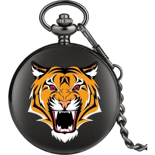 3D Vivid Tiger Design Pocket Watch Case 3D Quartz Black Clock With Necklace Chain Gift Watches for Men Women Dropshipping