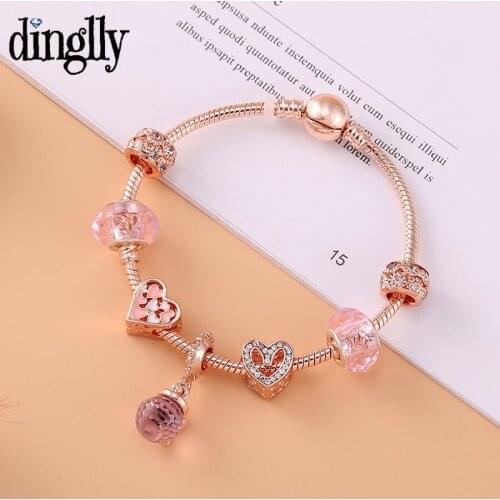 Dinglly Rose Gold geart beads pink Crystal Ball Charm Bracelets For Women girls Heart Bead Bracelet Couple Friends Birthday Gift
