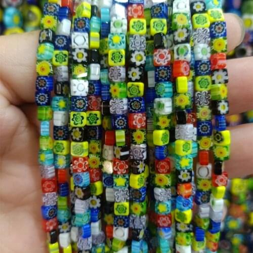 4mm Square Shape Handmade Lampwork Beads For Jewelry Making Loose Spacer Lampwork Flower Beads DIY Bracelet Strand 15'' Thick2mm