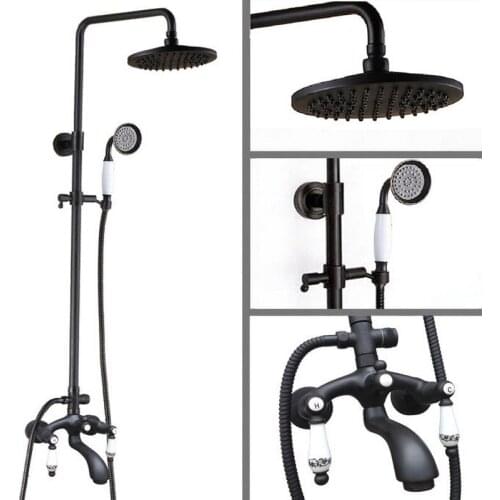Black Oil Rubbed Bronze Wall Mounted Bathroom 8 Inch Rainfall Shower Faucet Set Bath Tub Water Tap Dual Ceramics Handles ahg136