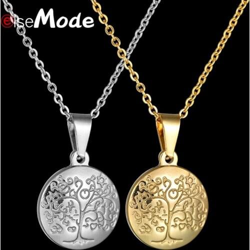 ELSEMODE Romantic Tree of Life Round Pendant Necklaces for Women Gold Stainless Steel Amulet Necklace Wedding Jewellry