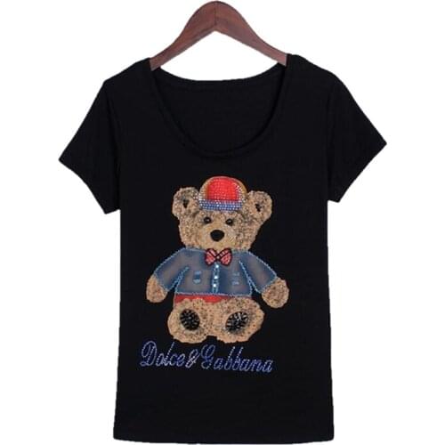 Cartoon Bear Pattern Short-Sleeve Cotton T-Shirt Hand Beading T-shirt Black Summer Tops Tees shirt Plus Size 3XL