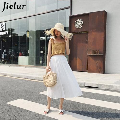 Jielur Skirt Women Solid Color Elastic Waist Pleated Chiffon Skirts A-line Female Jupe Black Tutu Skirts Faldas Mujer Moda