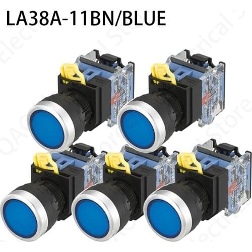 5PCS LA38A-11BN Quality Sliver Contact Push Button Switch On/Off Momentary/Latching 22mm blue