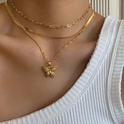 Korean Necklace Fashion Jewelry Statement Temperament Gothic Butterfly Pendant Multilayer Necklace Women Wholesale Gargantilla