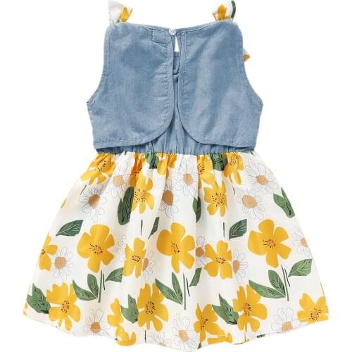 Toddler Kids Baby Girl Summer Dress, Sleeveless Bowknot Denim Tops Floral Tutu Gown