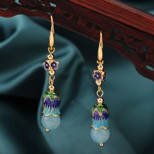 Summer Blue Flower Vintage Cloisonne Delicate Agate Drop Earrings Ethnic Chinese Style Jewelry for Womens