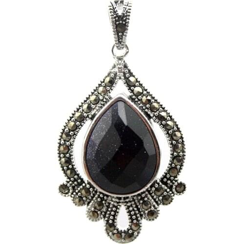 Marcasite Cute Faceted blue sandstone Teardrop 925 Sterling Silver Pendant 40*20mm