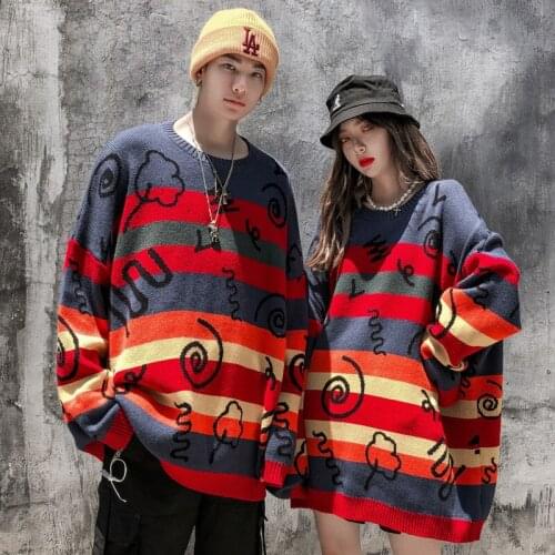 Fashion Street Hipster Color Block Rainbow Stripe Knit Jumpers Sweaters Women Men Hip Hop Harajuku Casual Pullover Knitwear Tops