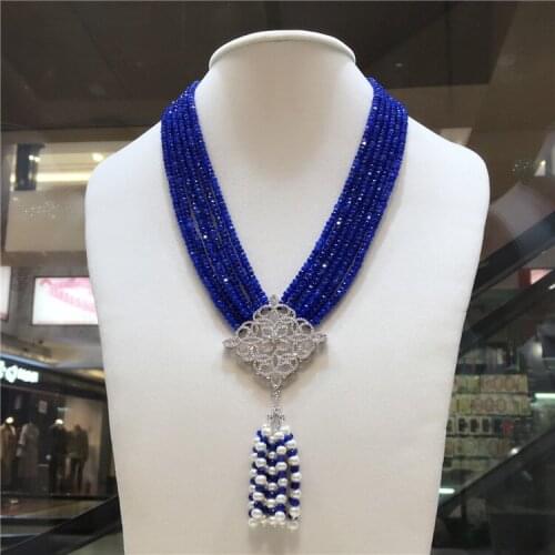 Natural 2x4mm blue jade multilayer white freshwater pearl zircon micro inlay accessories tassel necklace