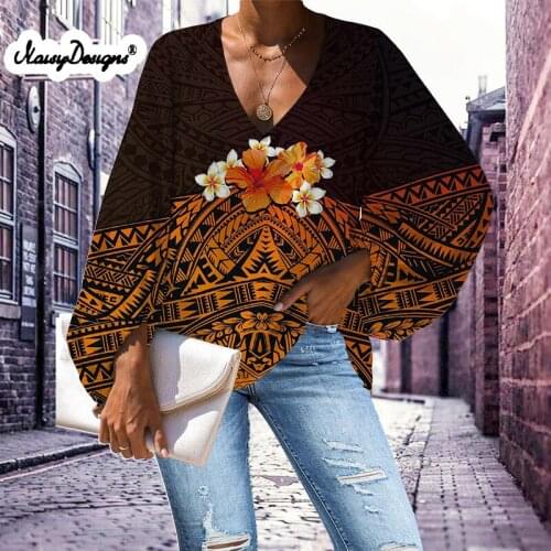 Noisydesigns Fashion Pullovers Polynesi Blouse Shirt Print Womens Tops V-Neck Loose Casual Summer Female Plus Size 4XL Dropship