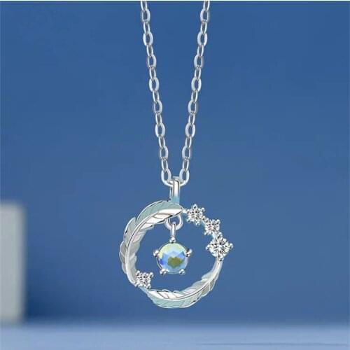 2021 New Japanese And Korean Fashion ladies Party Brass Moonstone Feather Necklace Design Fashion Trend Style Clavicle Necklace