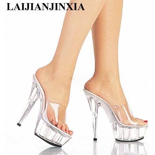 LAIJIANJINXIA New Transparent Pvc Women Slippers Outdoor Slides Ladies 15Cm High Heels Open Toe Platform Shoes Womens Shoes