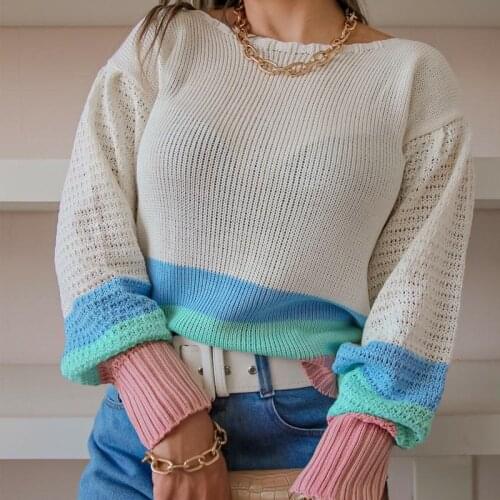 Autumn Winter New Casual Long Sleeved Pullover Jumper Elegant O-Neck Women Knitted Sweater Fashion Solid Stitching Loose Sweater