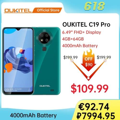 Oukitel C19 pro 4G Smartphone 4GB+64GB Quad Core 4000MAH 6.49 Inch Android10 Mobile Phone MT6762D 13M+2M Cell Phone
