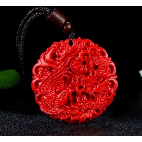 Chinese Natural Red Organic Cinnabar Dragon Phoenix Pendant Necklace Fashion Charm Jewellery Lucky Amulet Women sweater chain