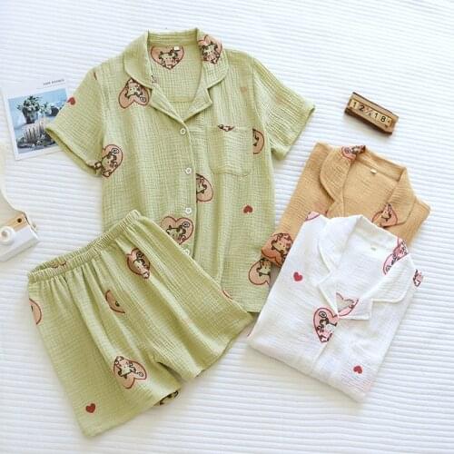 Short-sleeved shorts pajamas set womens cotton crepe cardigan lapel two-piece summer thin loose cute cartoon home wear new