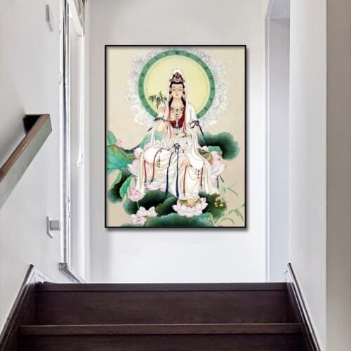 Gongbi Guanyin Buddha Statue Canvas Poster Wall Art Print Modern Painting Nordic Kid Bedroom Decoration Picture