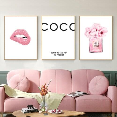 Perfume Lips Nordic Poster Fashion Wall Art Prints Watercolor Blush Pink Peonies Canvas Painting Woman Picture Living Room Decor