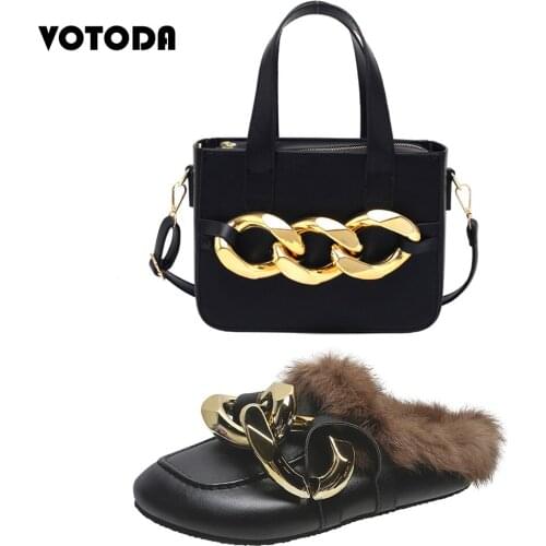 Women Chain Slippers Handbag Set Thick Bottom Faux Fur Slip On Slides PU Leather Pruse Shoes Ladies Designer Luxury Shoulder Bag