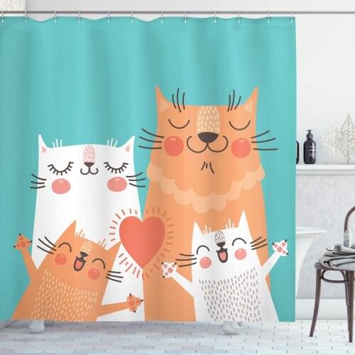 Teal Orange Funny Shower Curtain Kitten Couple Happy Paws Loving Heart Family Cats Poster Style Animal Bathroom Curtain