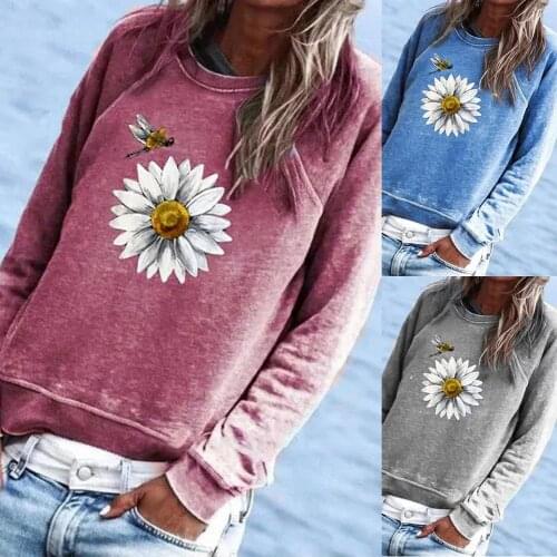 Plus Size Shirt Blouse Summer Women top Casual Autumn Long Sleeve O Neck Marguerite Bee Print Blouse Hoodie 3XL