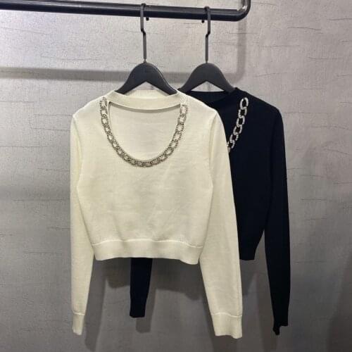 Ladies 2021 fashion new long sleeve sexy casual solid color diamond sweater 1210