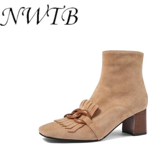 2021 Spring Autumn New Women Ankle Boots Kid Suede Shoes Woman Square Toe Chain Side Zipper New Female Office Thick Heels Boots