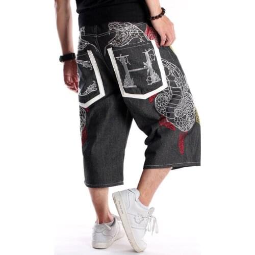 W30-W46 New Mens Jeans Embroidery Baggy Loose Denim HipHop Embroidery Streetwear Short 1/2 Pants Trousers Summer Oversize