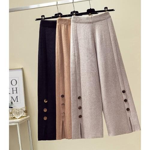 Womens Wide Trousers Knitting High Waist Loose Oversize Pants for Women Casual Buttons Streetwear Womens Pants Autumn 2021