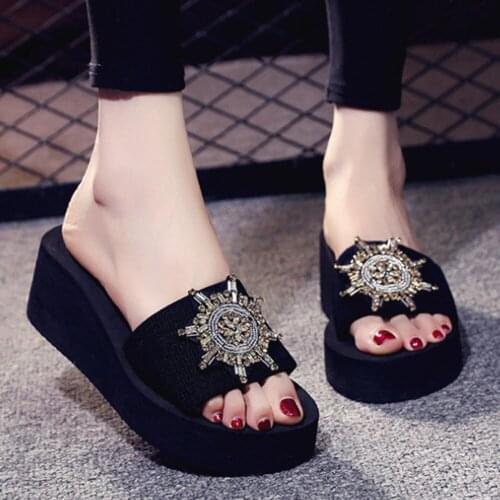 Women Slippers Fashion Rhinestone Slippers Platform Slip-on Open Toe Casual Shoes Ladies Outdoor Wedges Beach Flip Flops qq702