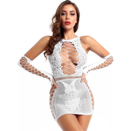 Womens Erotic Fishnet Dress Hollow Out Butterfly Bodycon Dress Lingerie Sexy Round Neck See-Through Clubwear with Oversleeve