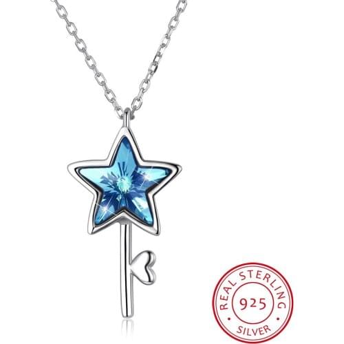 LEKANI Crystals Blue Purple Star Key Pendant Necklaces Real 925 Silver Fine Jewelry For Women Girls Chic GIFT