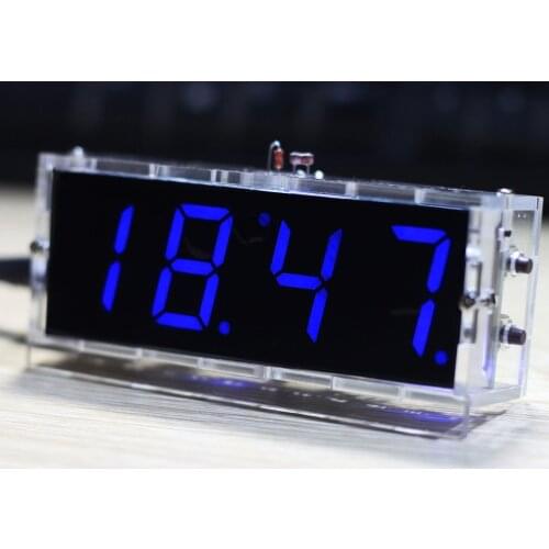 2016 new come Blue Compact 4-digit DIY Digital LED Clock Kit Light Control Temperature Date Time Display with Transparent Case