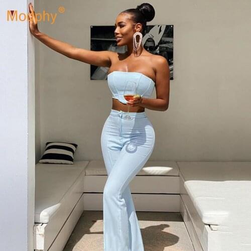 2021 Summer New Women 2 Two Pieces Sets Solid Color Sexy Top & High Waist Flared Pants Suit Fashion Club Party Set