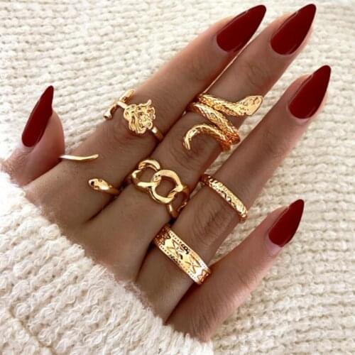 Punk Vintage Gold Silver Color 6Pcs Knuckle Rings For Women Fashion Geometric Snake Rose Chain Female Finger Rings Set Jewelry
