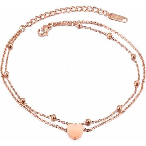 Fashion Charm Heart double-deck Anklets For Women Rose Gold Color Stainless Steel Ladies Female Foot Bracelet Jewelry Gift