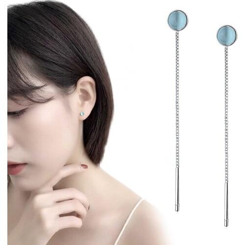 925 Sterling Silver Box Chain Long Opal Round Drop Earring For Women Jewelry Brincos Pendientes A011