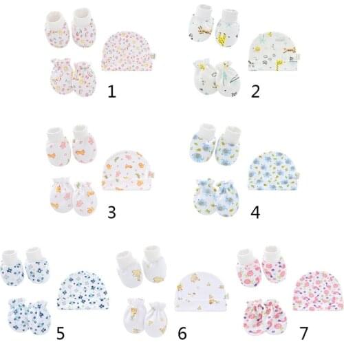Baby Cartoon Anti-scratch Gloves Hat Foot Cover Set Handguard Cotton Mittens Beanie Cap Socks Kit for Infant Newborn Headwear