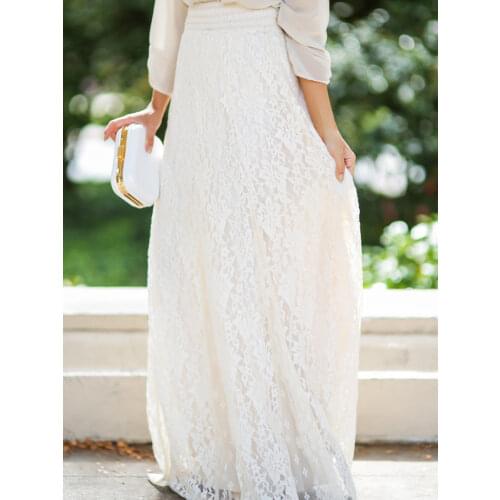 Long Skirts Elegant Women Summer Office Casual Solid Loose Lace Floral Embroidery Ankle Length Plus Size Hem Robe
