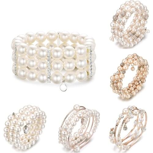 Imitation Pearls Beaded Bracelets for Women Gold Silvery Crystal Multi-layer Cuff Bangles Adjustable Bride Gift Jewelry 2021