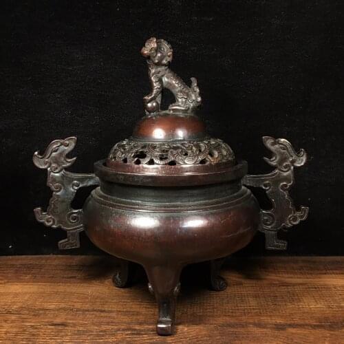 8"Tibet Temple Collection Old Bronze Lion statue Dragon Binaural Three-legged Incense burner Town House Exorcism