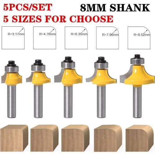 5pcs 8mm Shank Round-Over Router Bit for Wood 2 Flute Endmill With Bearing Milling Cutter Woodworking Tool Corner Round Over Bit