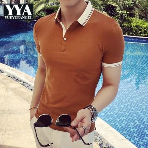 Korean Style 2021 Summer New British Short Sleeve Concise Mens Slim Turn-Down Collar Pullover Spliced Fashion Casual T-Shirts